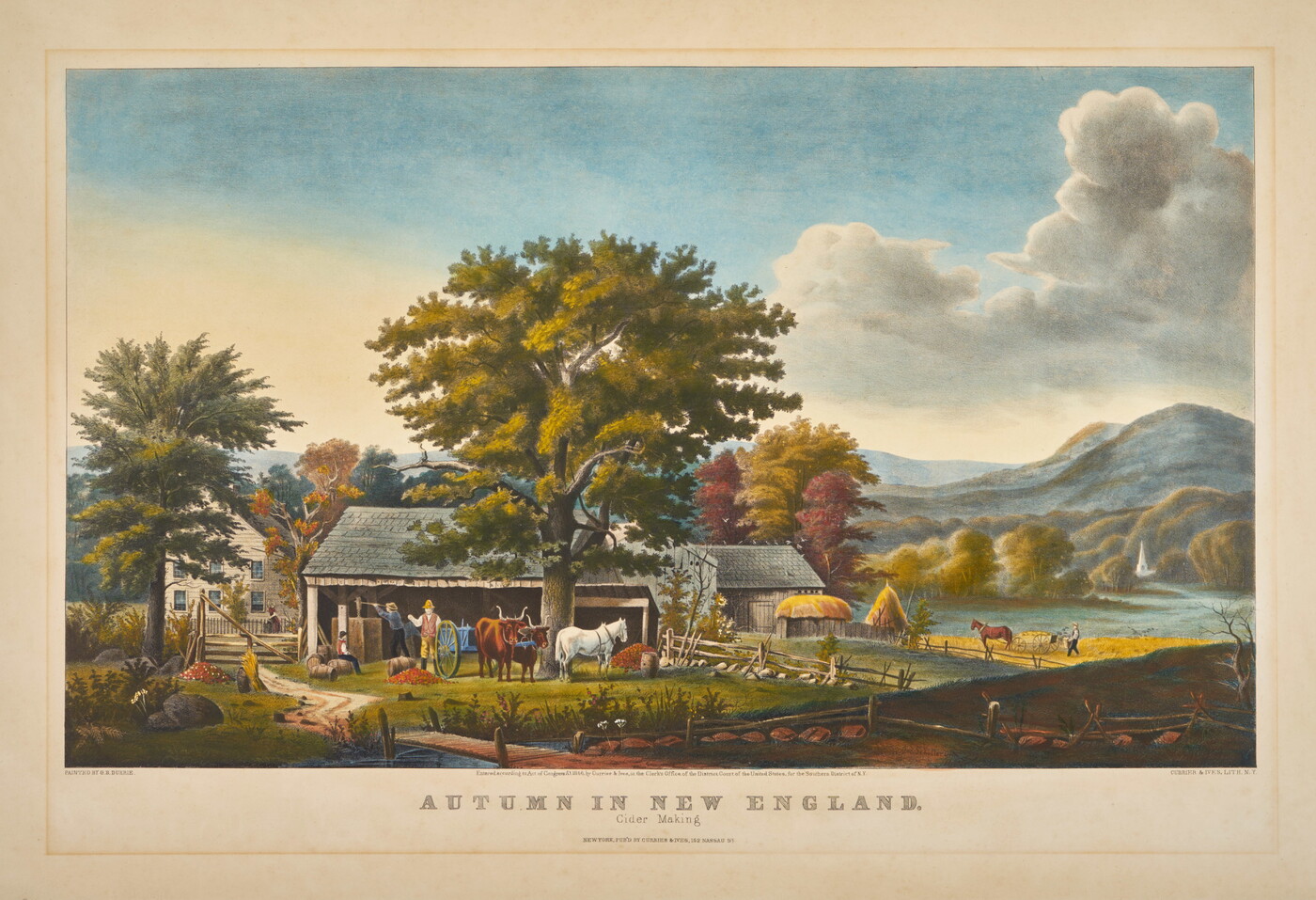 A color print of a people working next to a barn on a rural farm in a picturesque landscape with fall foliage.