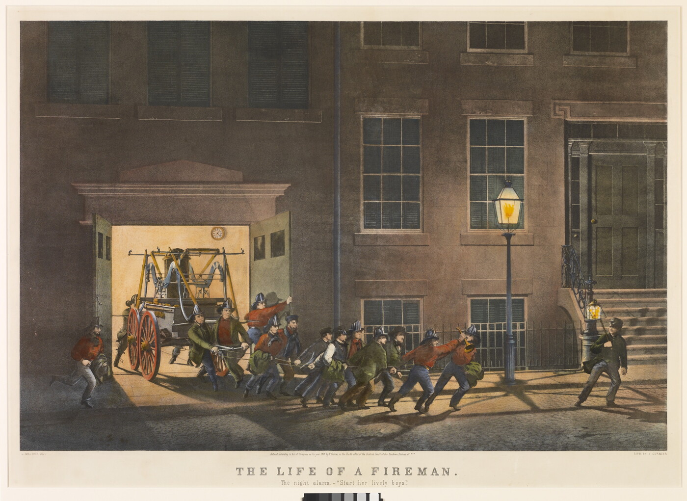 A color print of a group of White men rolling a firefighting carriage out of a garage onto a dark street.
