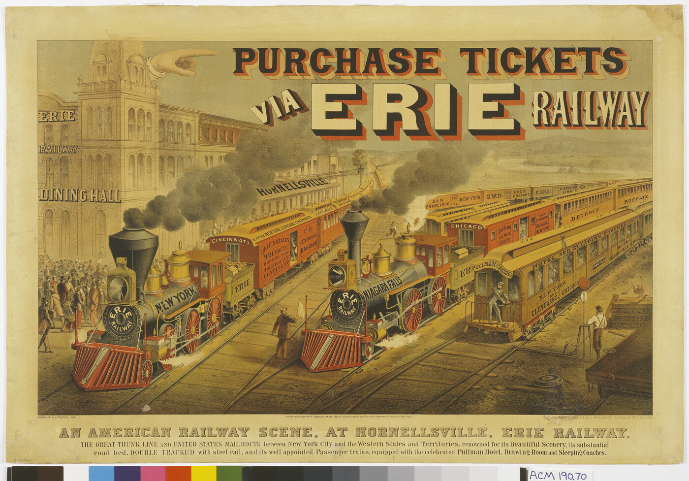 A color print of a train yard with two forward facing black steam trains and a caboose, and the words, "Purchase tickets via Erie railway" over the top of the illustration.