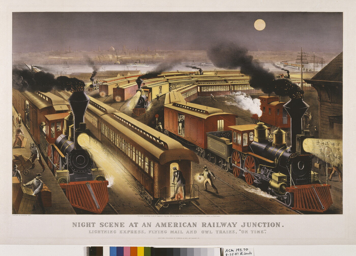 A color print of several trains in a train yard loading and unloading passengers and cargo on a full-moon night.