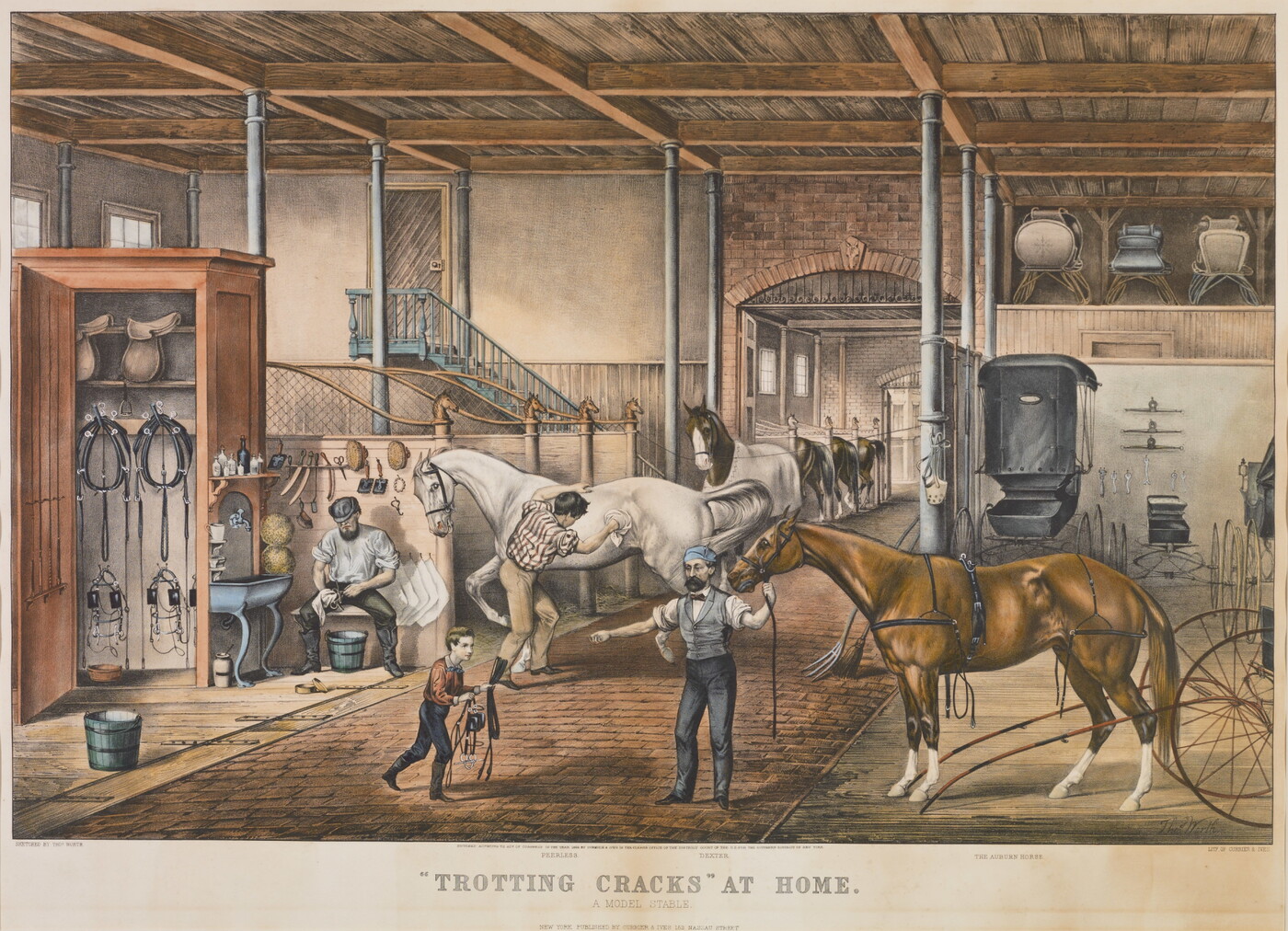 A color print of people caring for horses in a stable.