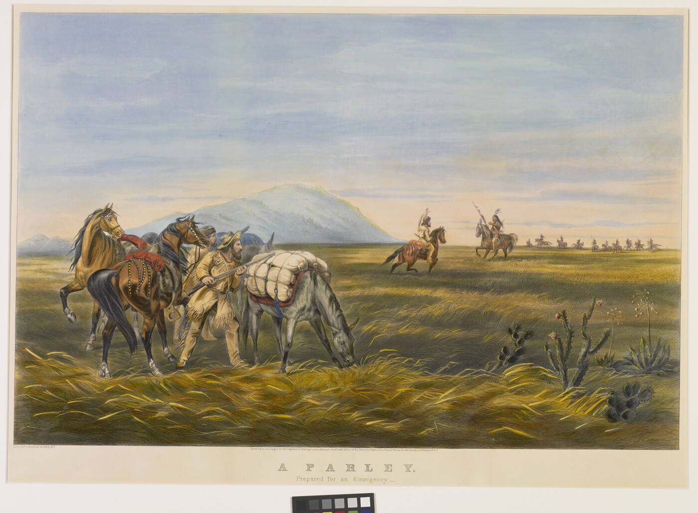 A color print of a White man and Native American man on horseback meeting at center of field as others watch.