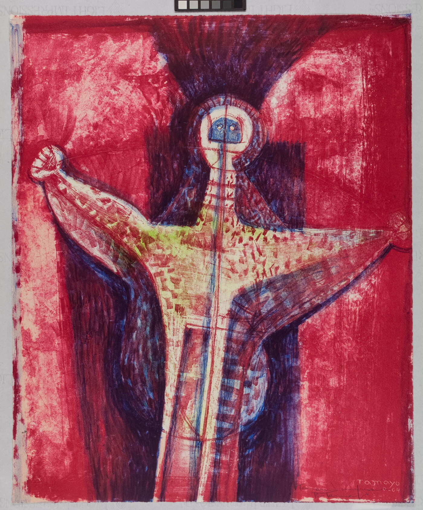 An abstract color print of a human-like figure in with red, yellow, and blue speckles and stripes raising its arms in front of a red and blue background.
