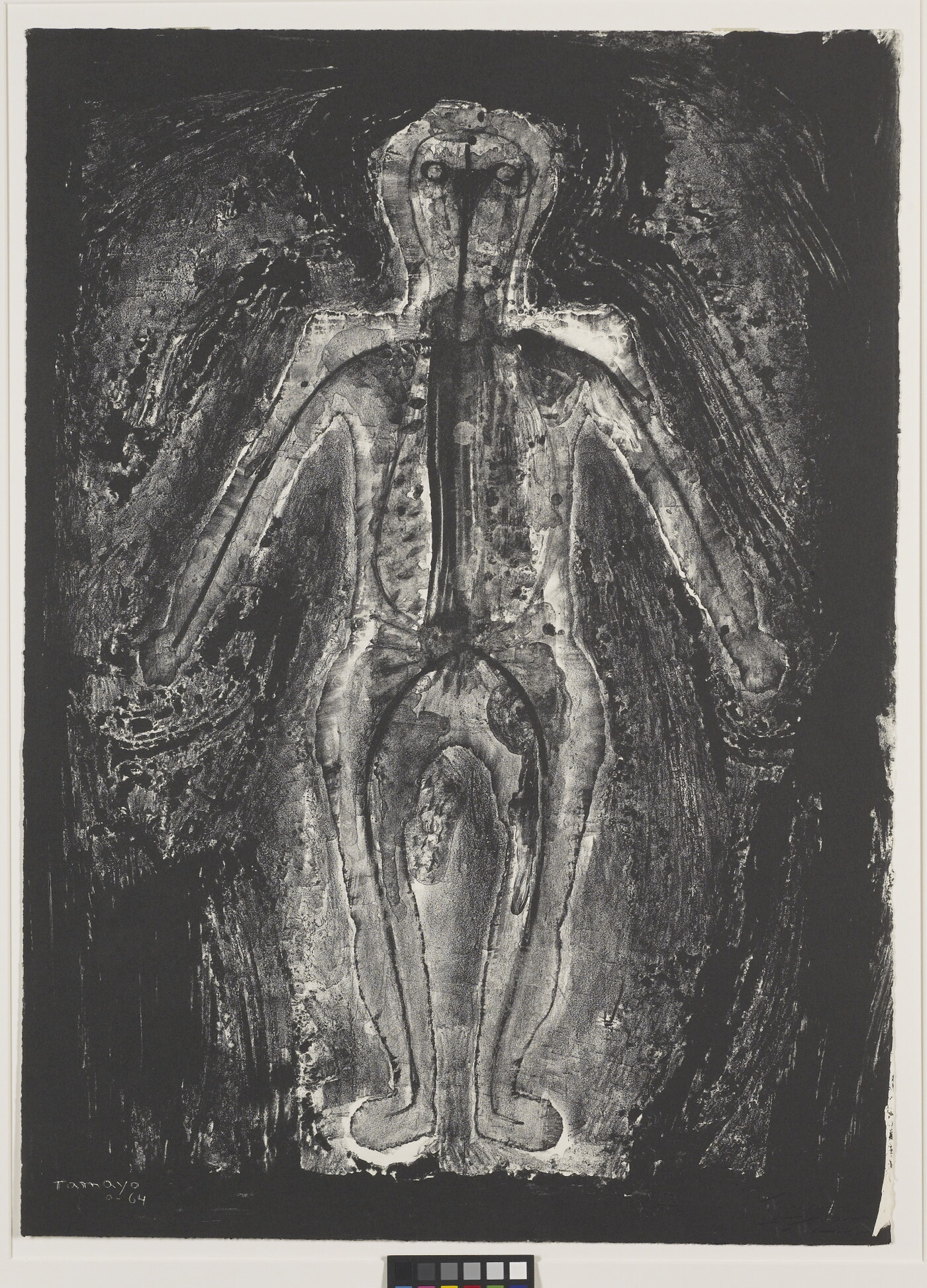 An abstract black-and-white print of a human figure that seems to glow white on a black background.