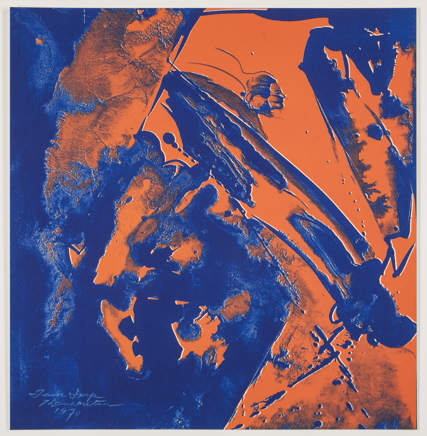 An abstract color print of orange and blue organic shapes and splatters with the subtle profile of a woman&#039;s head in the top center.