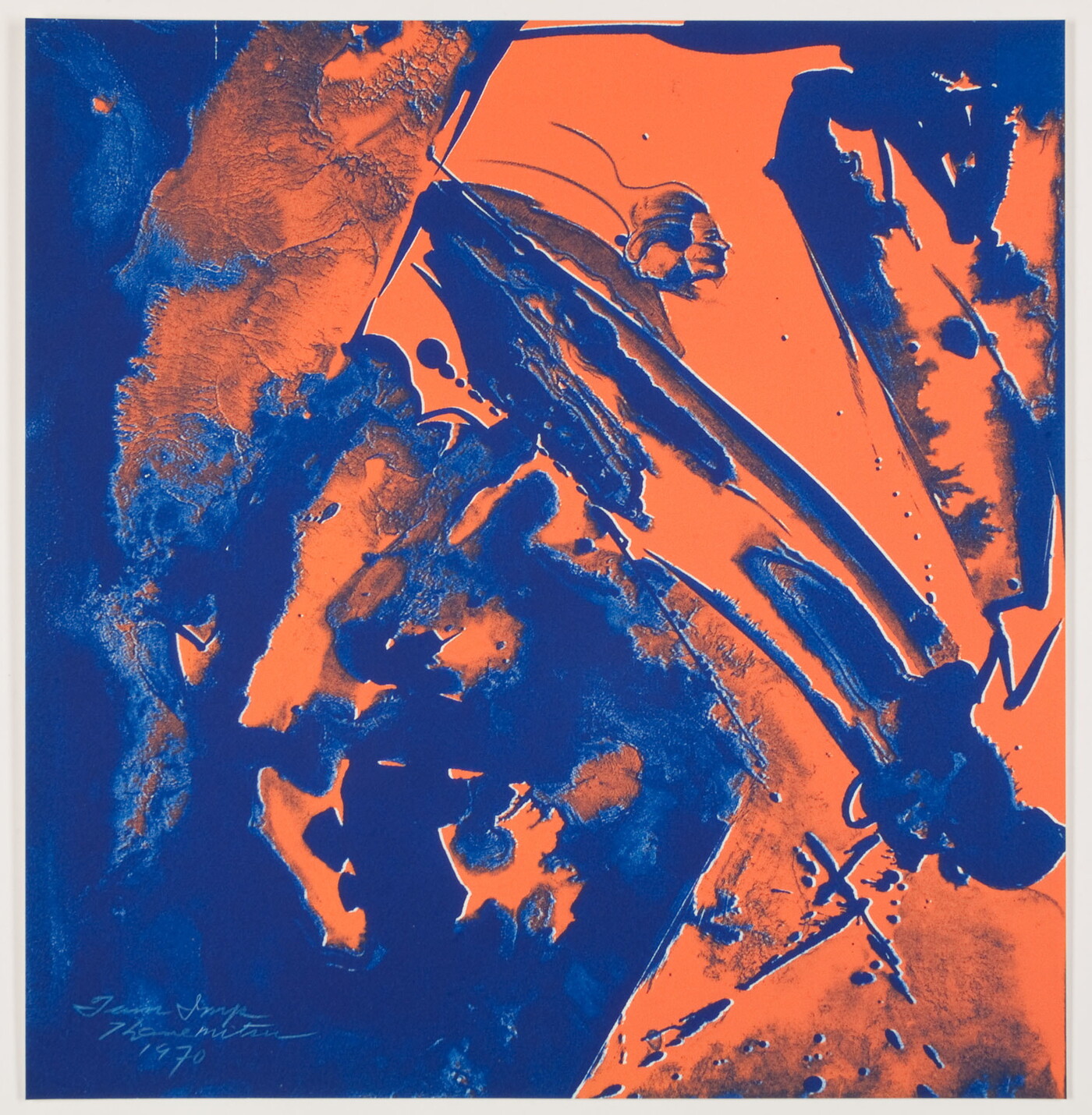 An abstract color print of orange and blue organic shapes and splatters with the subtle profile of a woman&#039;s head in the top center.