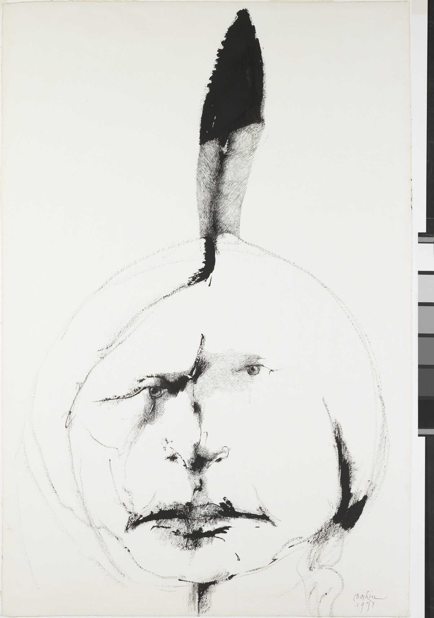 A black-and-white ink drawing of the head of a Native American with a single feather rising from behind his head.