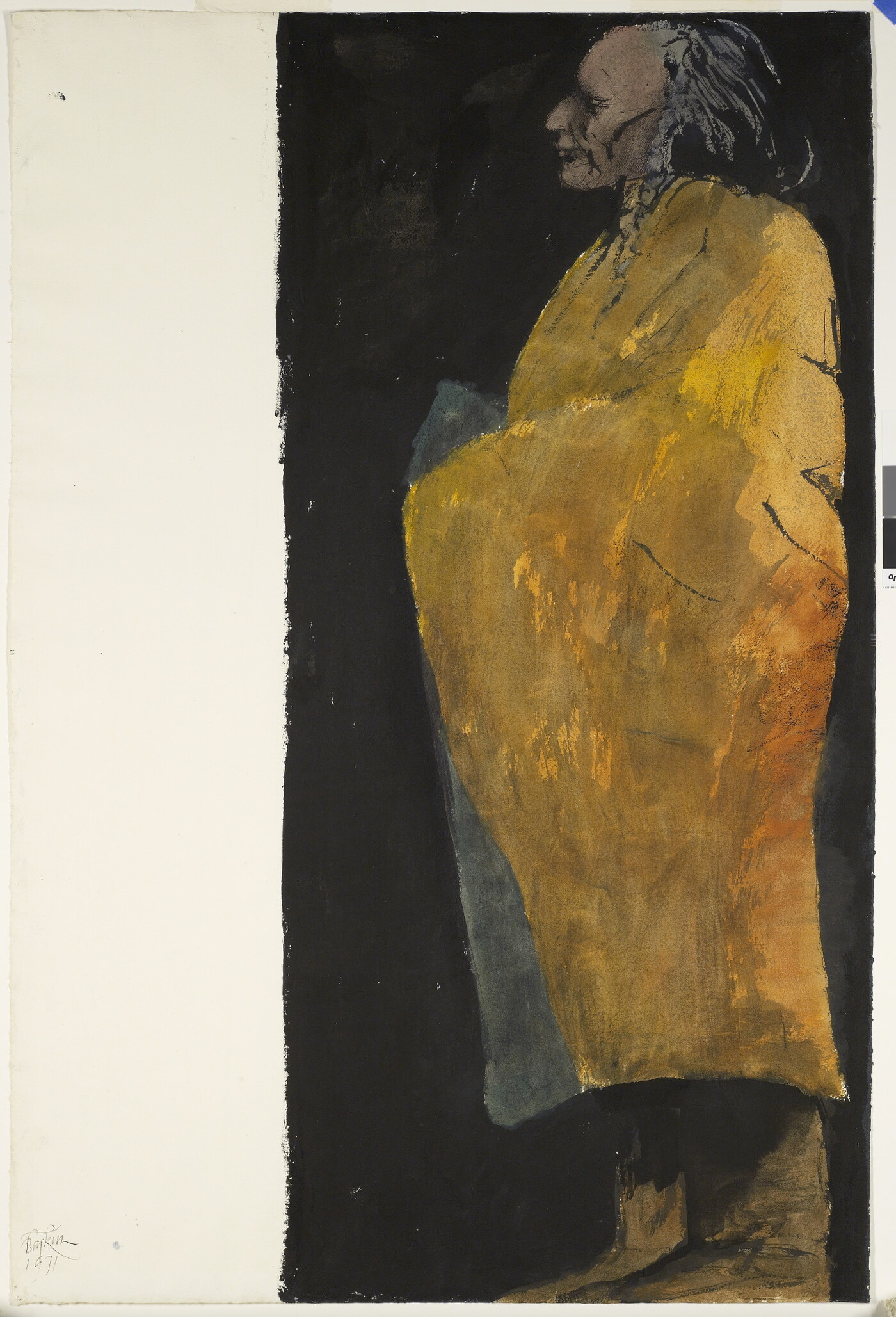 A watercolor of an Indigenous figure in profile wrapped in a yellow cloth against a black background.