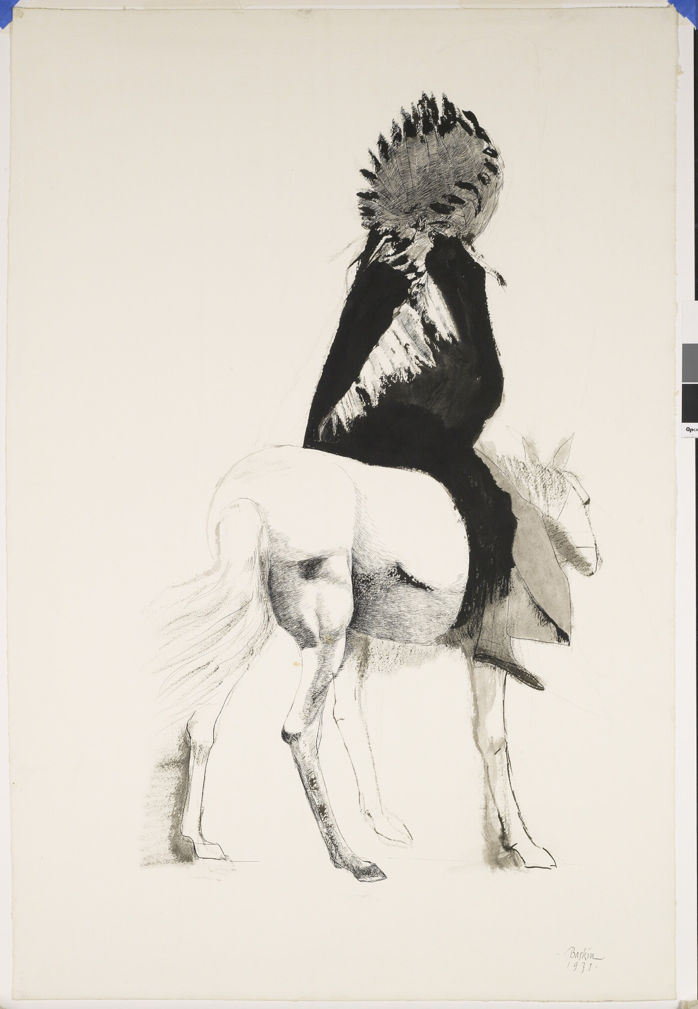 A black-and-white ink drawing of an Indigenous person wearing a headdress riding away from the viewer on a horse.