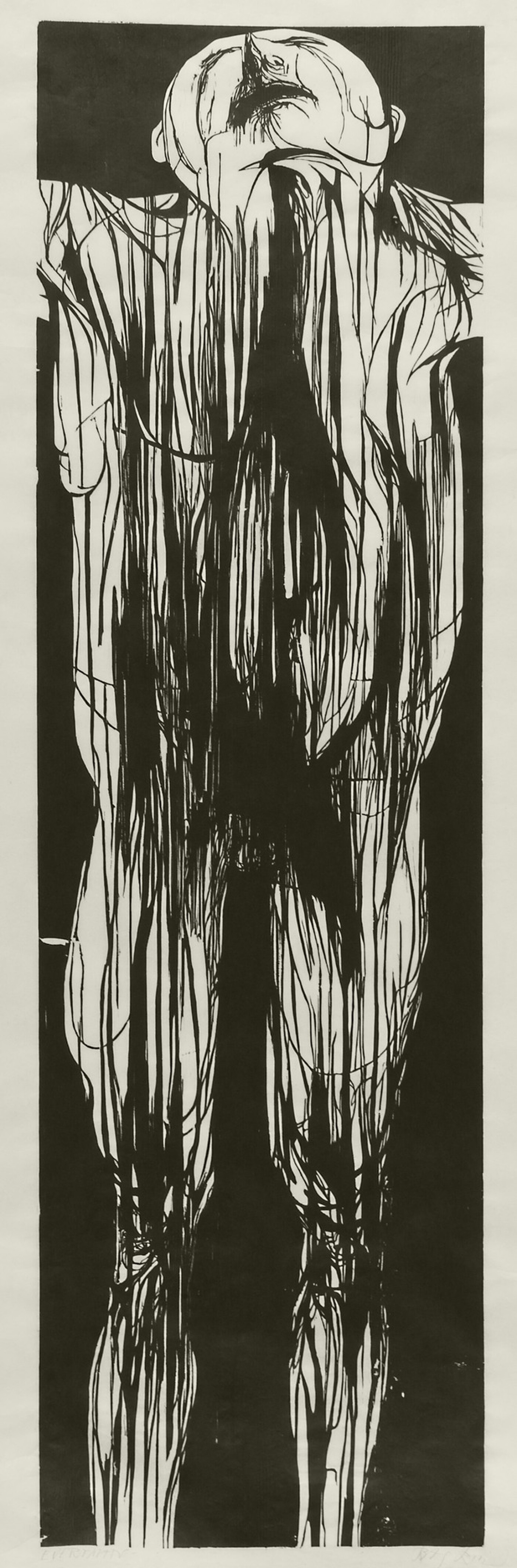 A black-and-white print of an abstract human figure standing, looking up with arms stretched out at their sides.