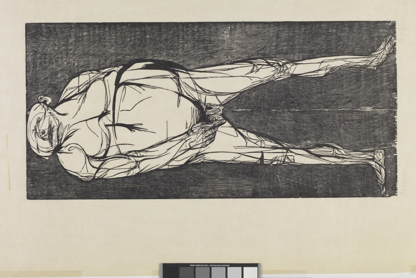 An abstract black-and-white print of a nude male figure.