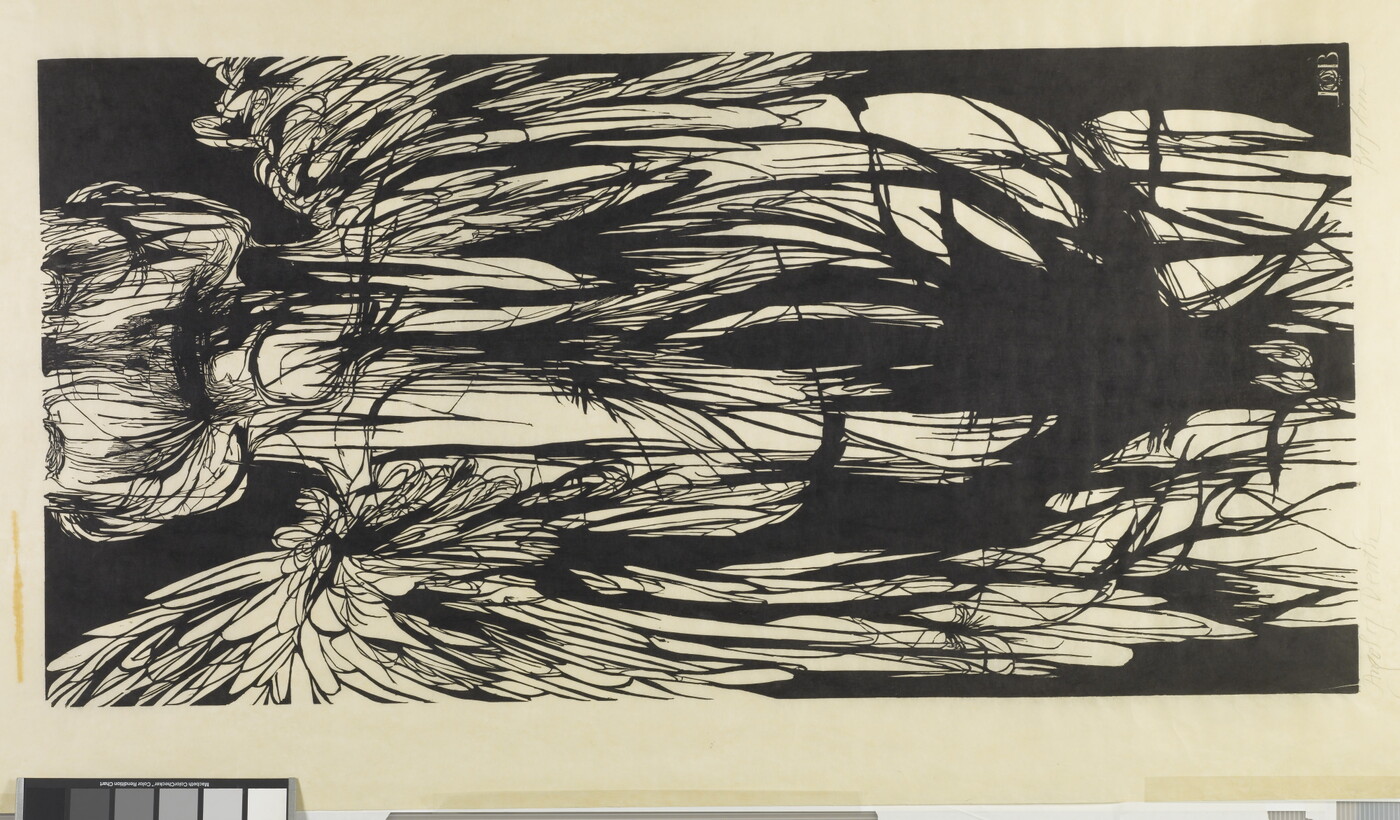 An abstract black-and-white print of a figure with wings and feathers.