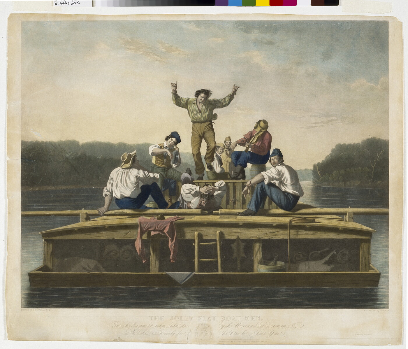 A color print showing White men on a river boat, some playing musical instruments, as a man in the center dances.