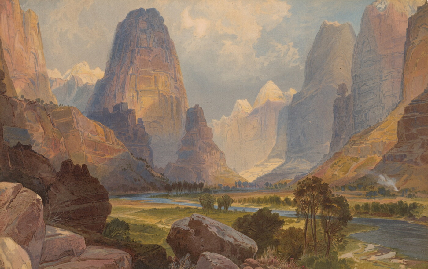 A color print of a landscape with rocky cliffs, mountains, and a river.