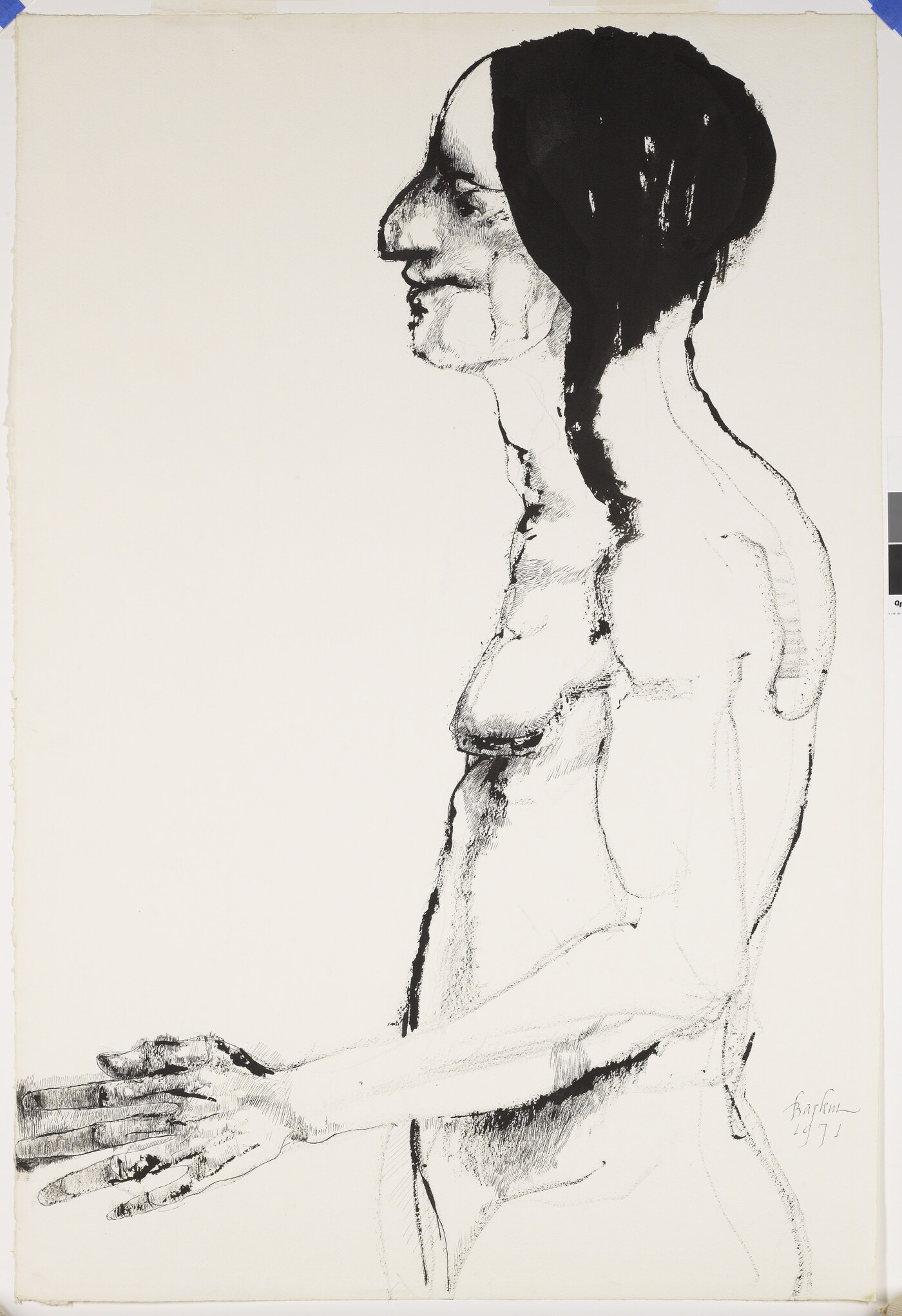 A black-and-white drawing of a nude Indigenous man with braids, hands held out in front of him, in profile.