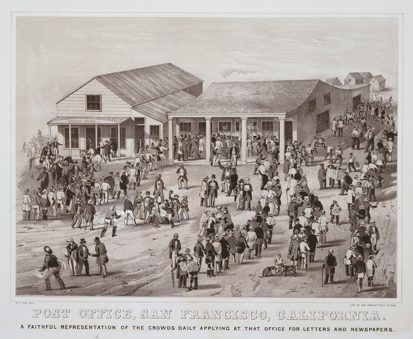 A black-and-white print showing a crowd of people in various lines outside a single-story, clapboard building.