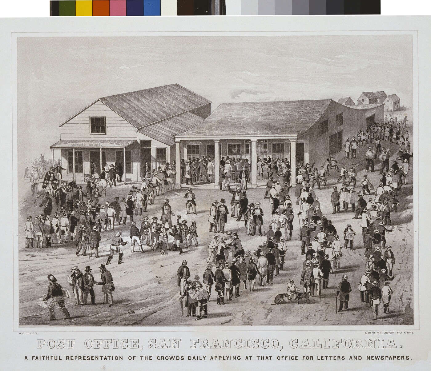 A black-and-white print showing a crowd of people in various lines outside a single-story, clapboard building.