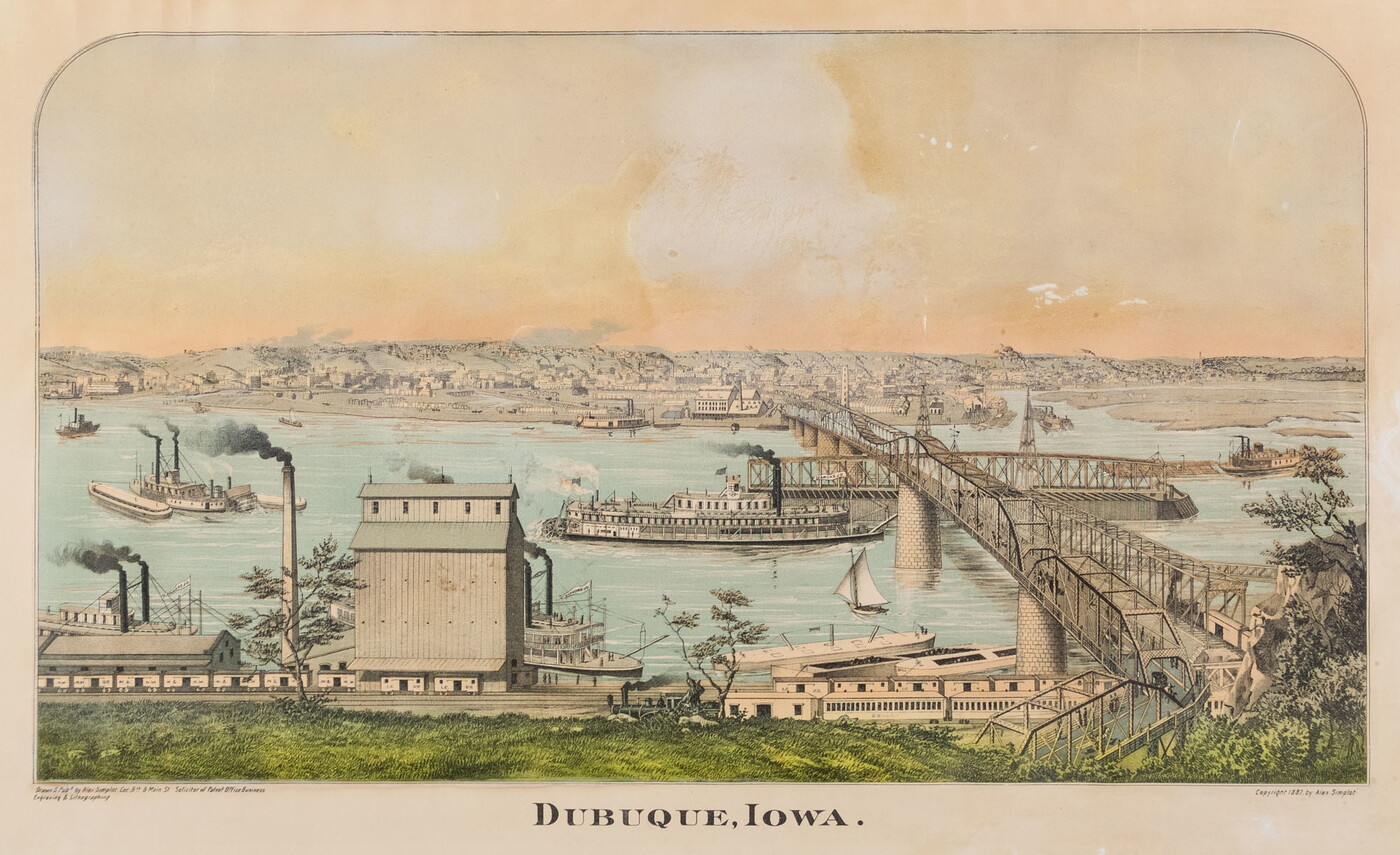 A color print of a riverfront shipyard, a bridge, and a city on the far side of the bridge.