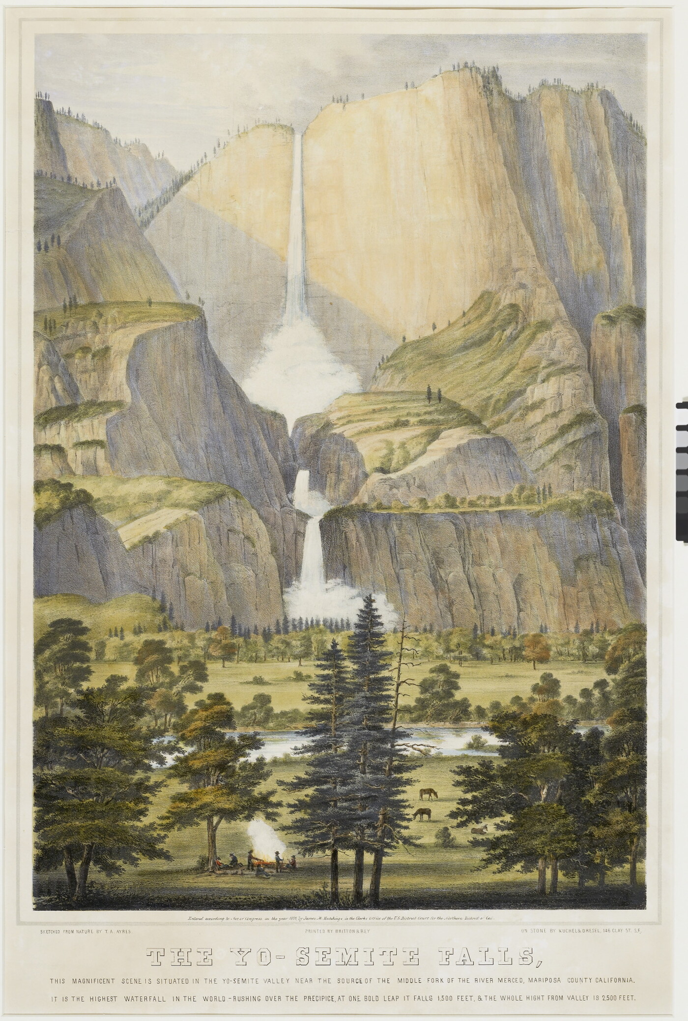 A color print of a double-waterfall coming down from high cliffs into a green valley full of trees.