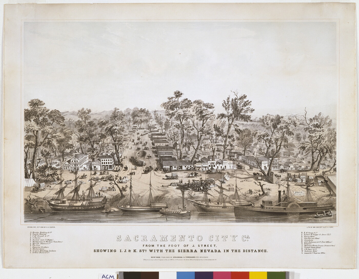 A sepia-toned print of the riverfront of a bustling town with rows of buildings and horse-and-wagon traffic.