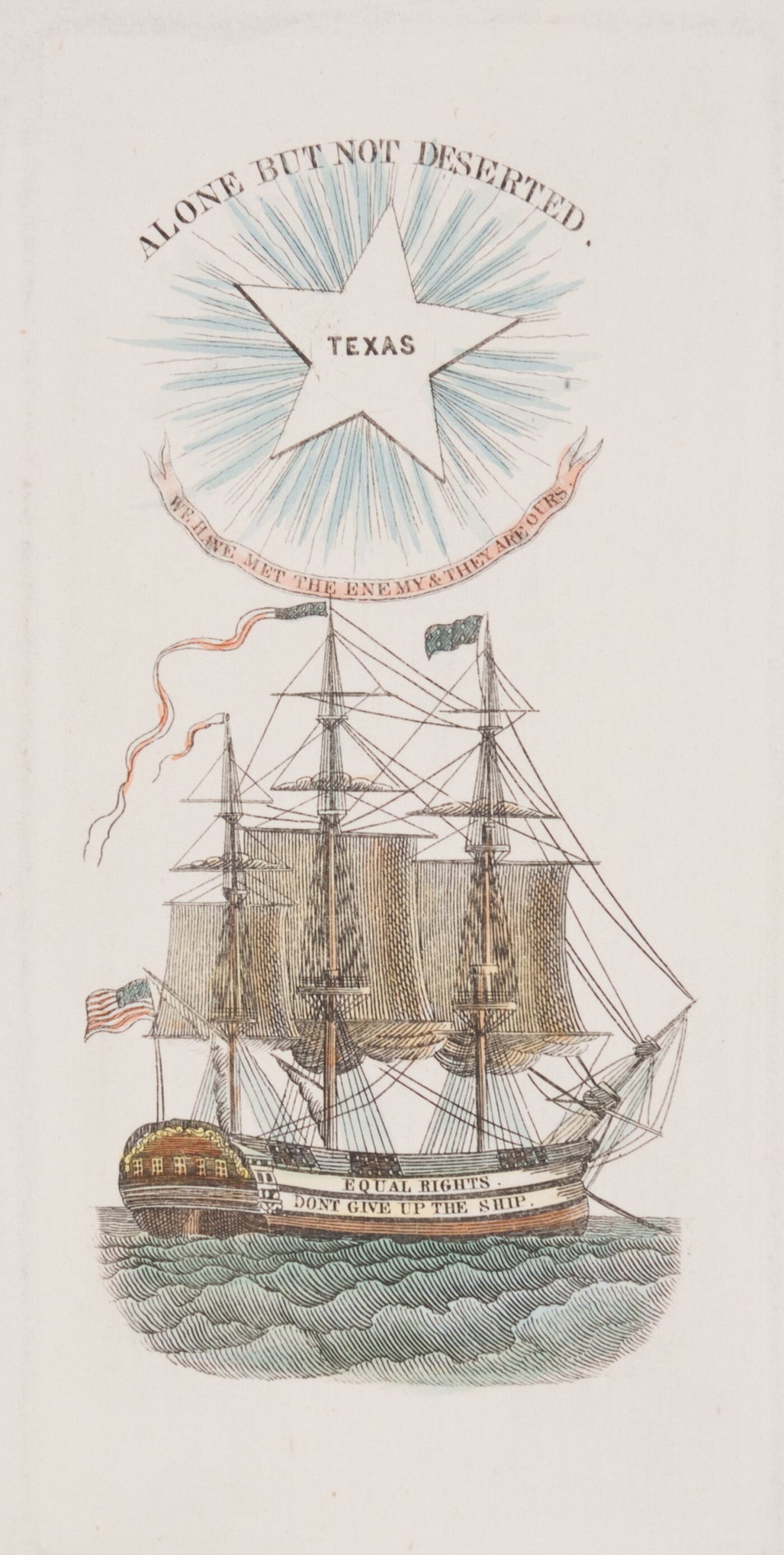 A color print of a wooden ship on water with a star that says, &quot;Texas&quot; above it surrounded by writing.