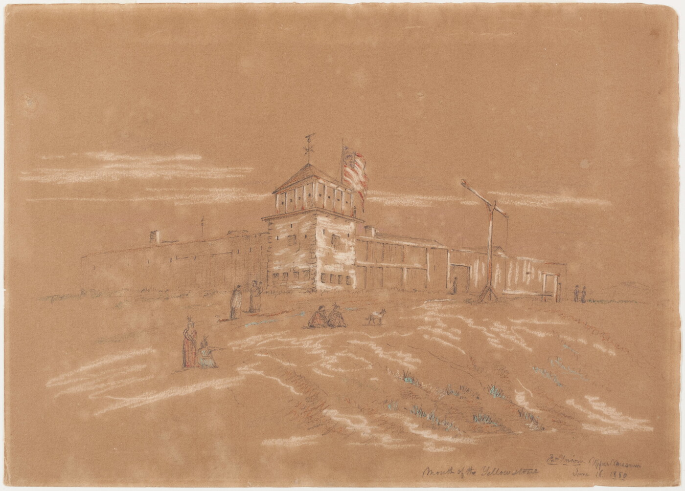 A drawing in white chalk on tan paper of a fortress with a large tower on the corner and an American flag at the top.