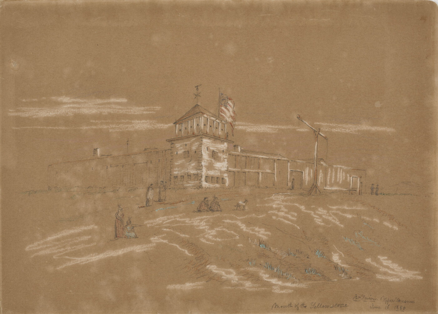 A drawing in white chalk on tan paper of a fortress with a large tower on the corner and an American flag at the top.