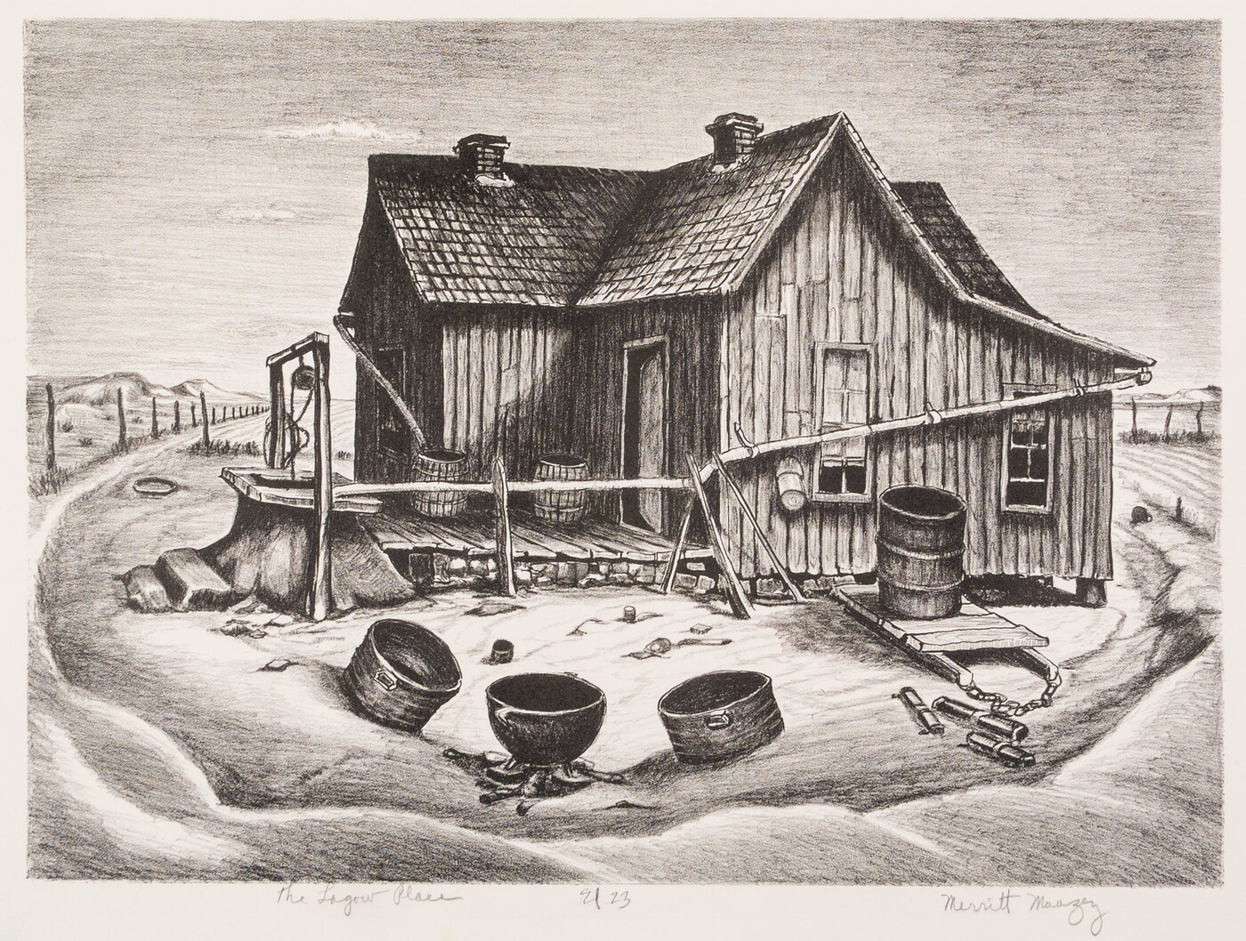 A black-and-white print of a wood house with vertical siding and a well in the yard.