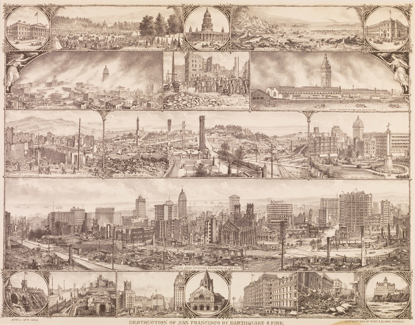 A sepia-toned print of multiple vignettes, each showing a scene of a city damaged by fire and earthquake.
