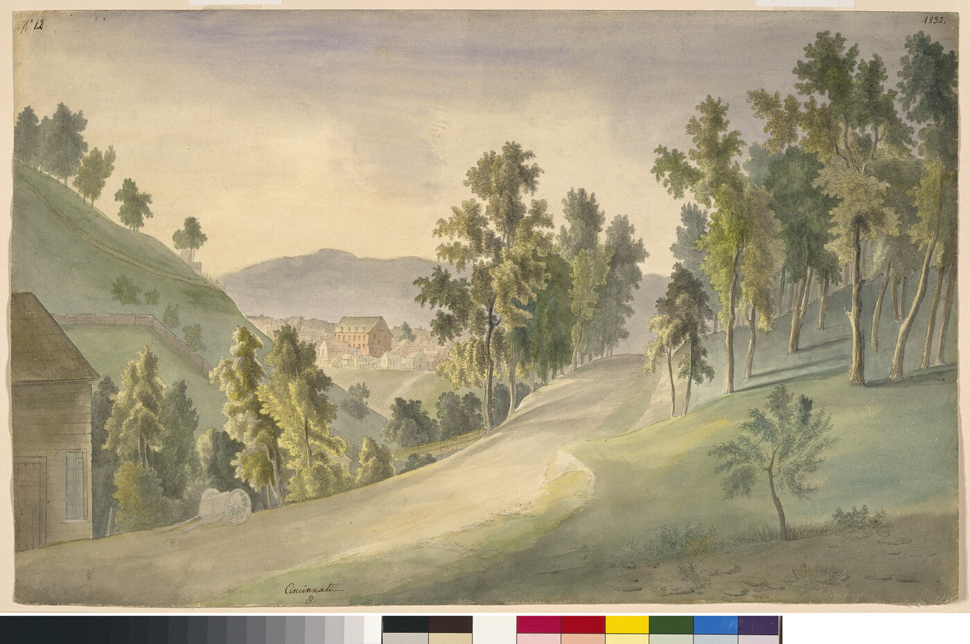 A watercolor of a dirt road surrounded by hills and trees and a city nestled between hills in the distance.