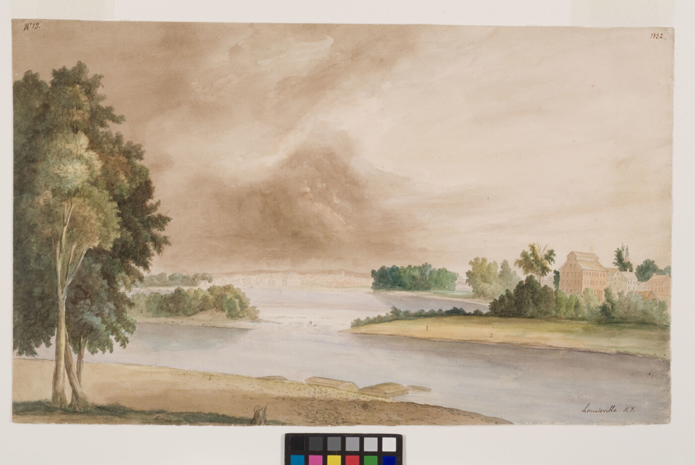 A watercolor of a wide river with trees along both sides and buildings on the opposite shore.