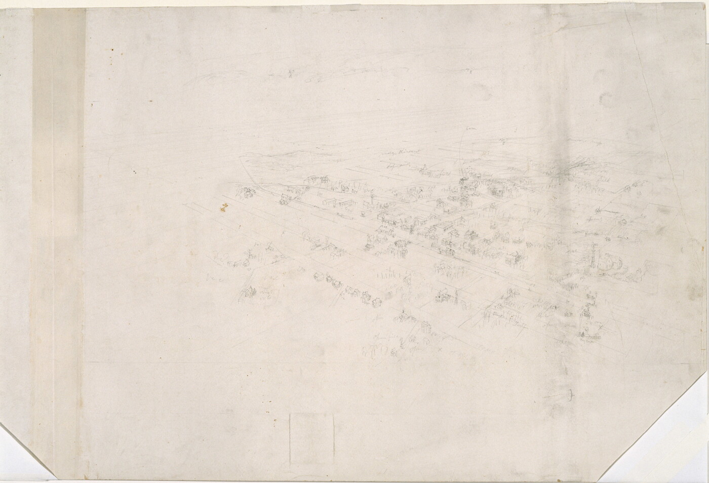A faint pencil sketch of a bird&#039;s eye view of a town showing its grid of streets.