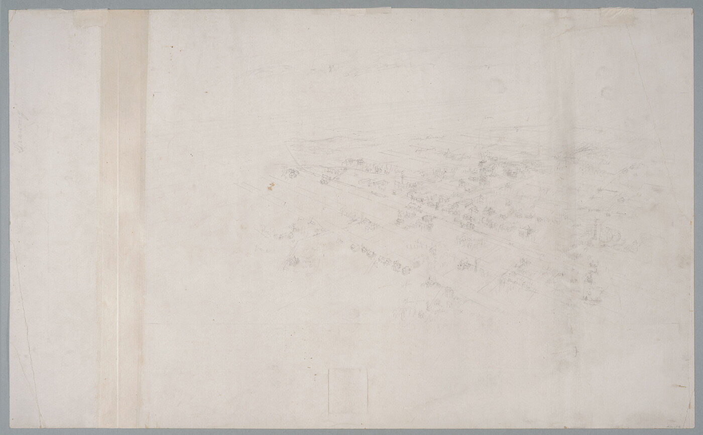 A faint pencil sketch of a bird's eye view of a town showing its grid of streets.