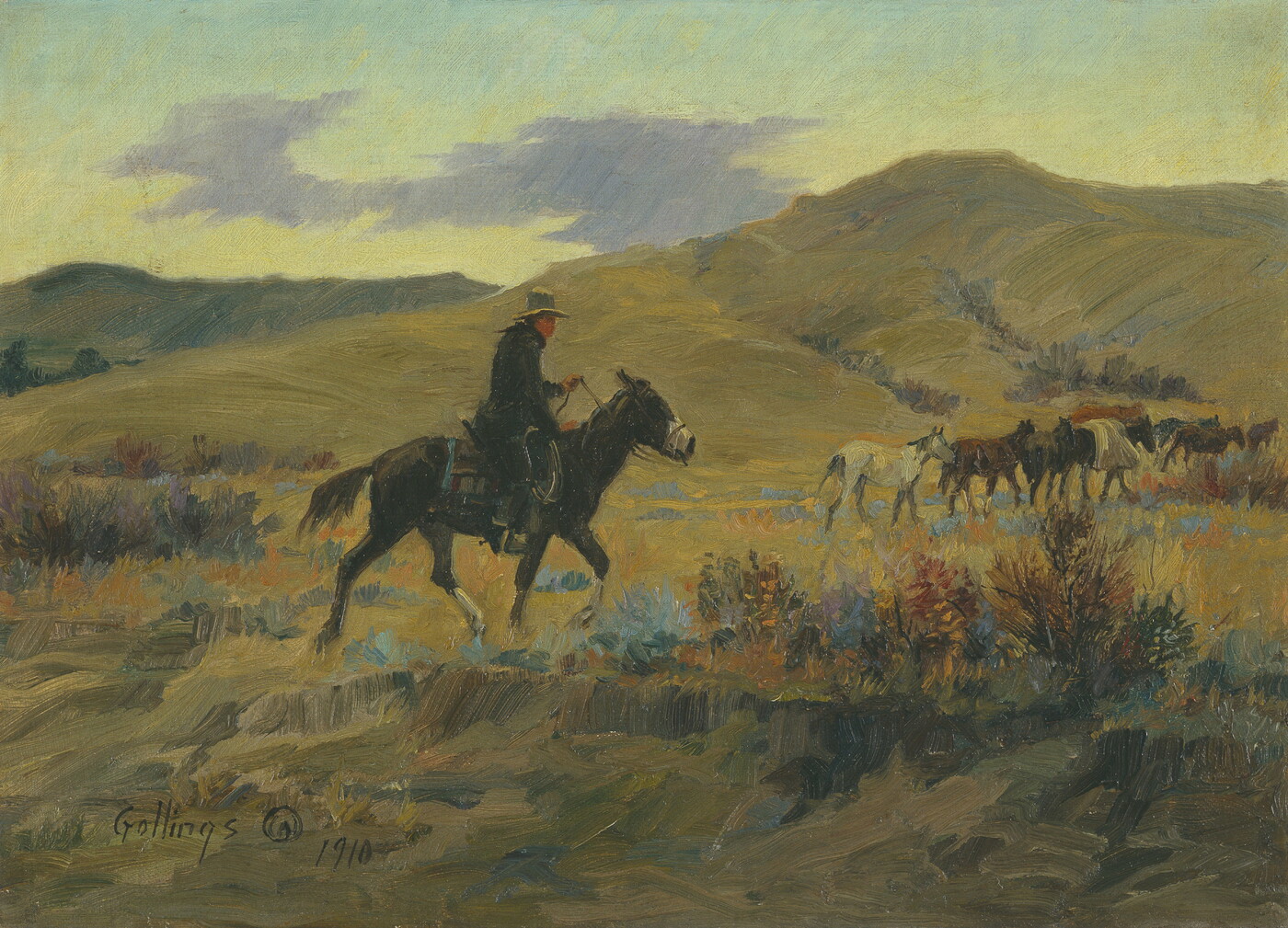 An oil painting of a cowboy on horseback following behind herd of riderless horses through a hilly landscape.