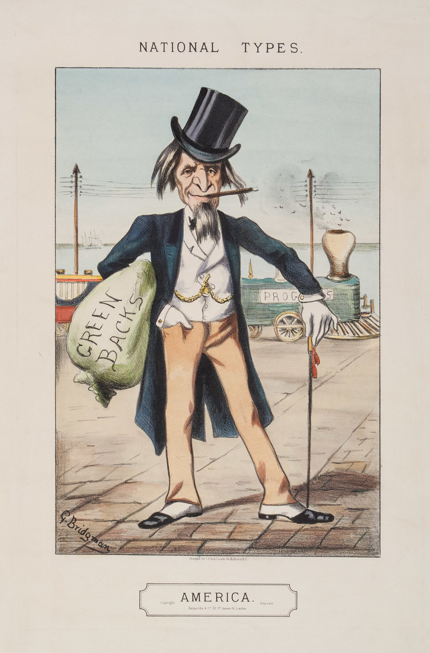 A color print of an older White man wearing a top hat and three-piece suit holding a bag that says &quot;Green backs&quot; and standing in front of a train that says &quot;Progress.&quot;