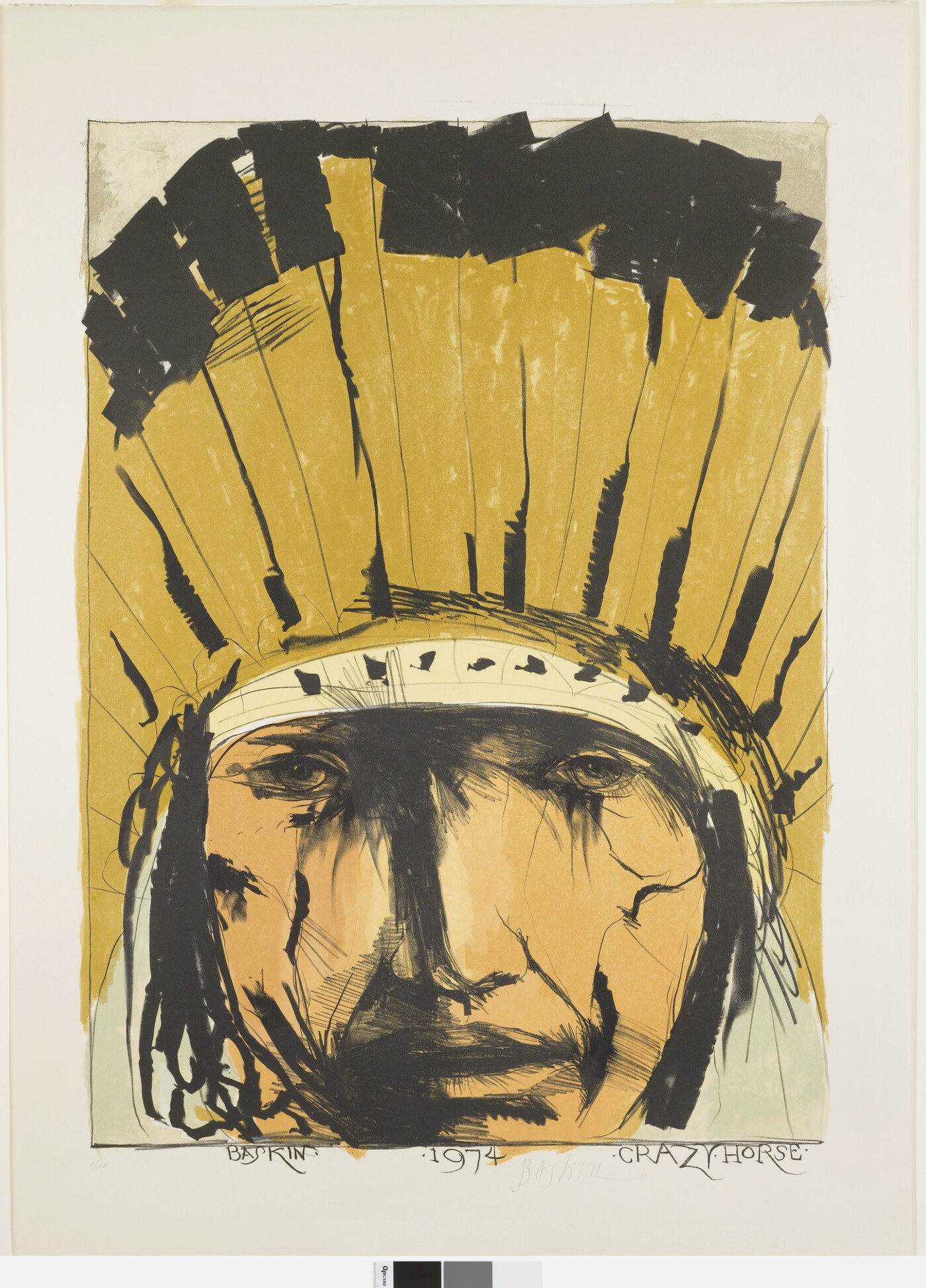 A black, white, and yellow drawing of a close-up of an American Indian face wearing a feather headdress.
