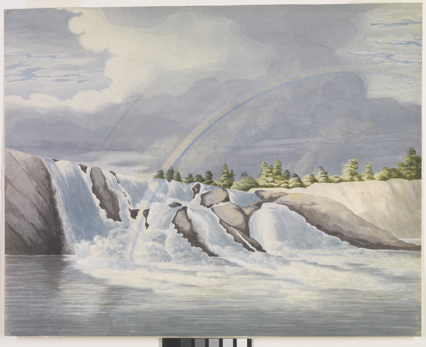 A watercolor of rushing water tumbling over rocky cliffs beneath double rainbows in a cloudy sky.