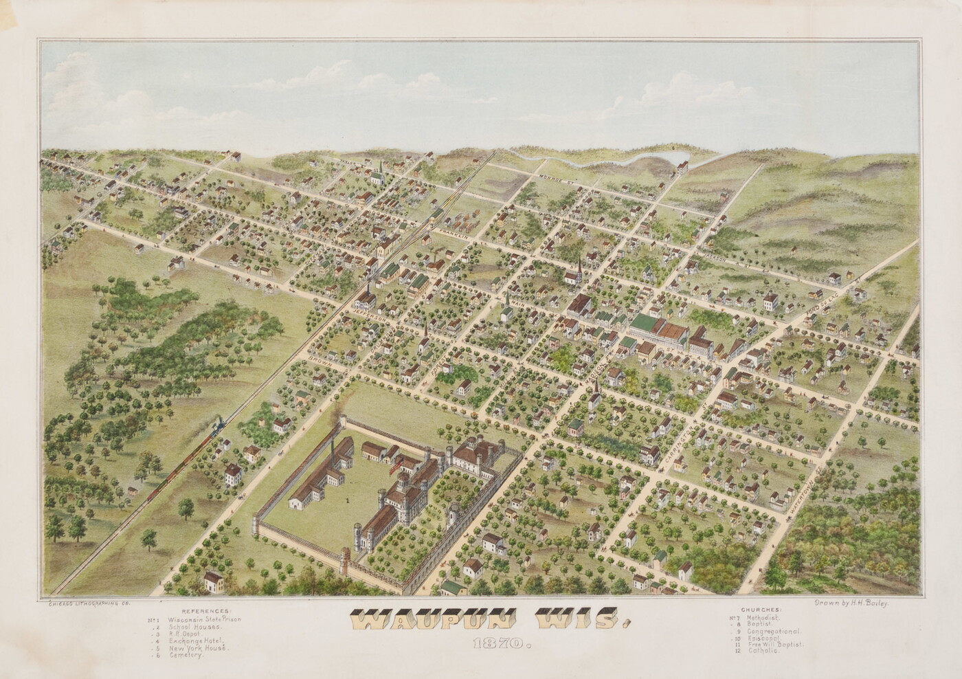A color print of an aerial view of a town showing the grid of streets on green hills.