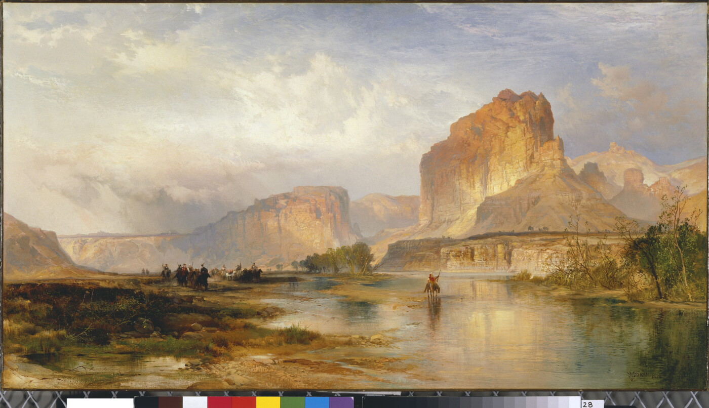 An oil painting of a majestic view of reddish cliffs and people on horseback crossing a river.