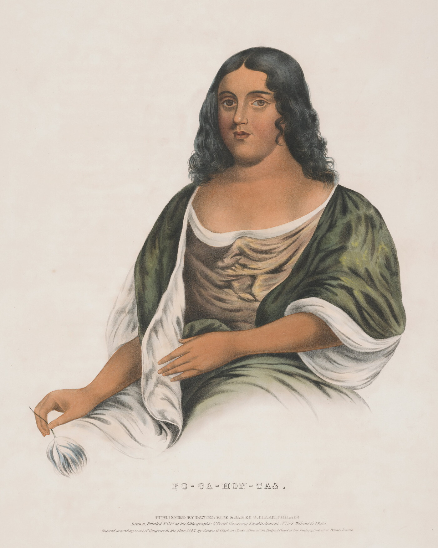 A color print of a medium-skinned woman with wavy black hair sitting in a formal green and gold dress.