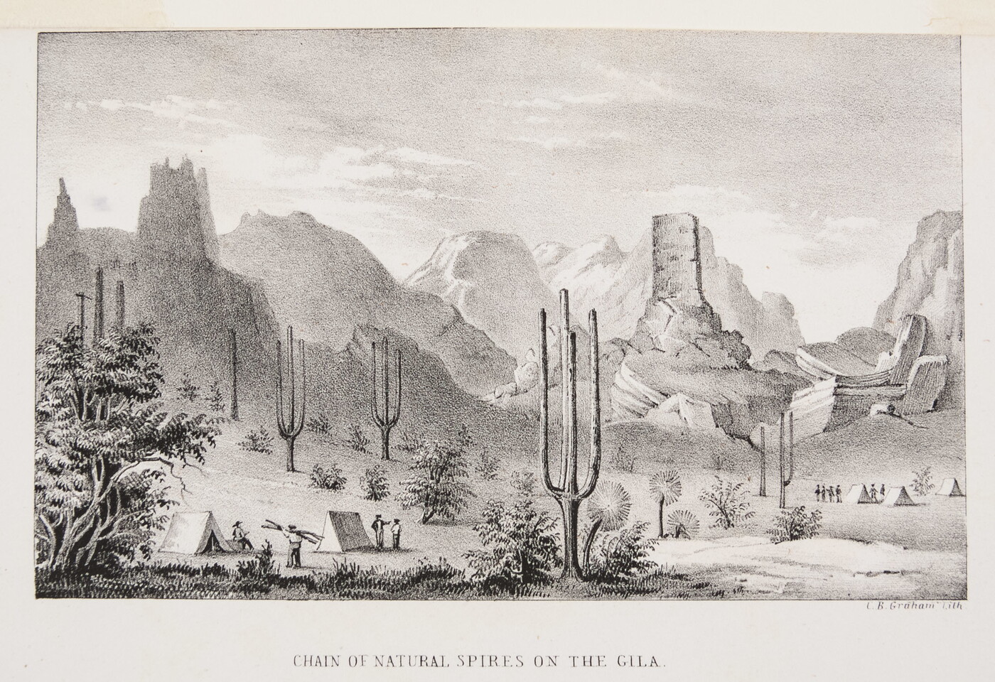 A black-and-white print of a landscape with towering saguaro cacti among rock formations, several small tents, and people.