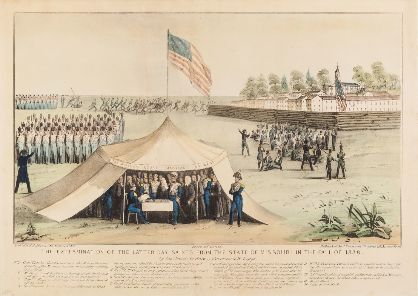 A color print of uniformed figures watching the signing of a document in a tent; military figures stand in formation outside as other soldiers chase away groups of people.
