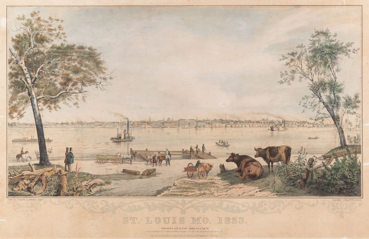 A color print of a wide river with boats on it and people, horses, wagons, and cattle along the shore in the foreground.