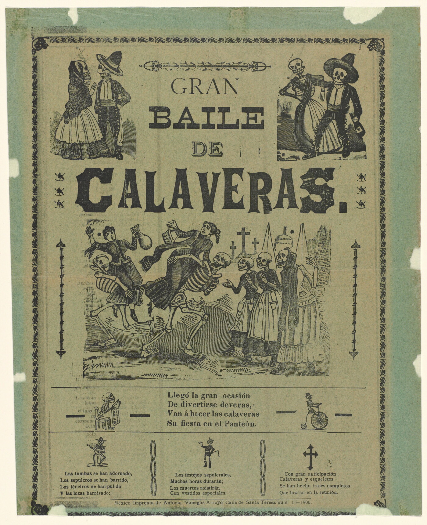 A black-and-white print showing various scenes of skeletons dancing around a headline that reads, &quot;Gran baile de calaveras&quot; and other text in Spanish.