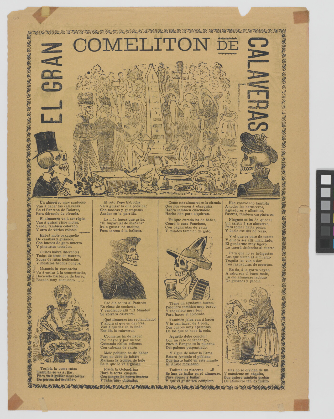A yellowed black-and-white print of skeletons eating, drinking, and celebrating in a cemetery accompanied by Spanish text.
