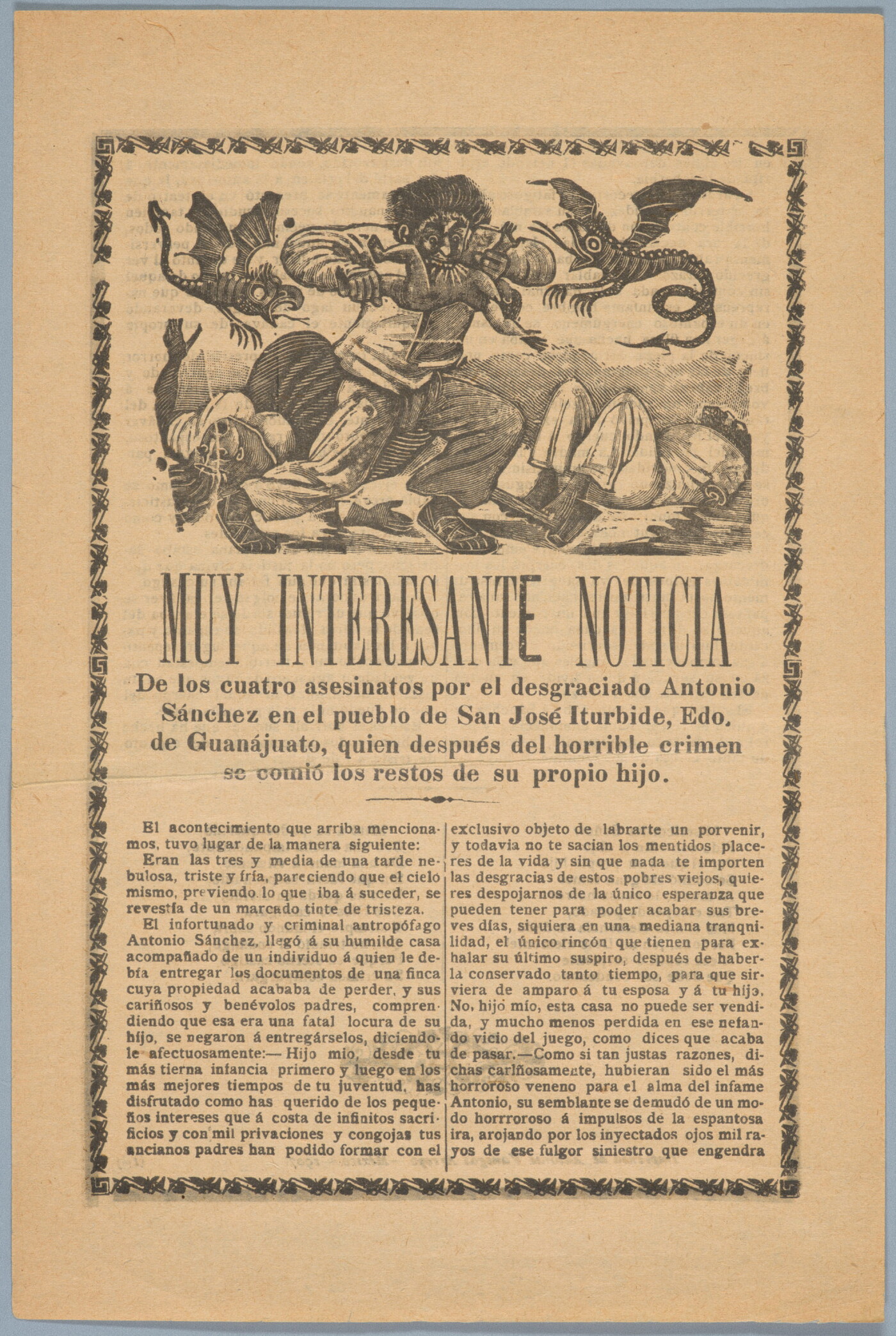 A print showing a cartoon-ish man eating a child and two dragon-like creatures flying around him with a headline in Spanish that reads, &quot;Muy interesante noticia&quot; above an article.