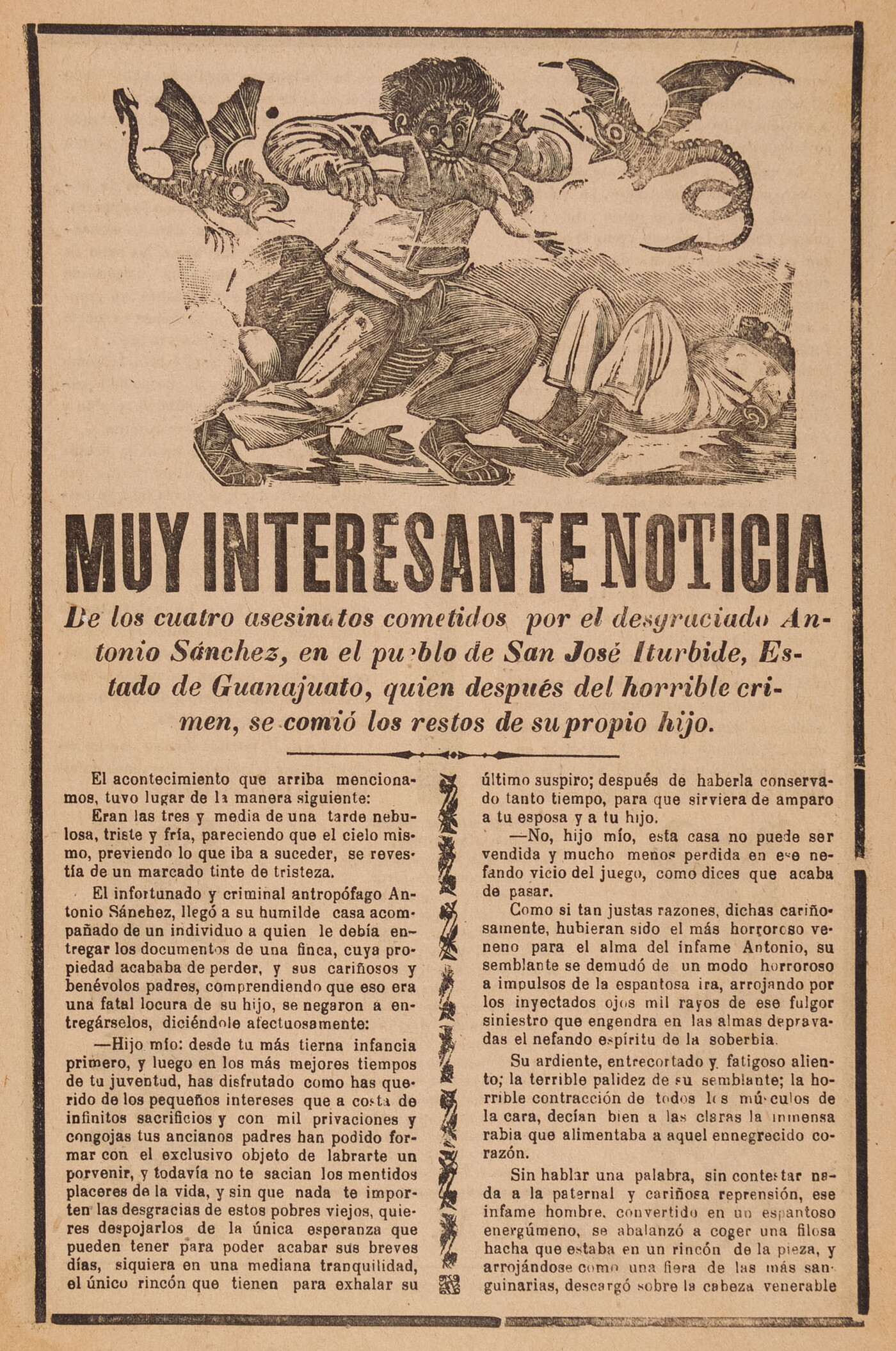 A print showing a cartoon-ish man eating a child and two dragon-like creatures flying around him with a headline in Spanish that reads, &quot;Muy interesante noticia&quot; above an article.