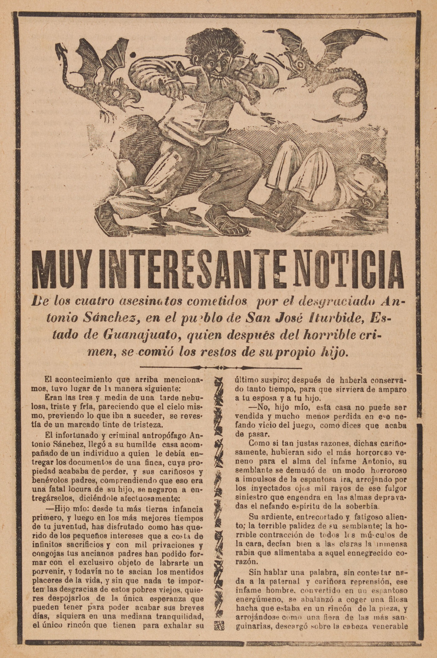 A print showing a cartoon-ish man eating a child and two dragon-like creatures flying around him with a headline in Spanish that reads, &quot;Muy interesante noticia&quot; above an article.