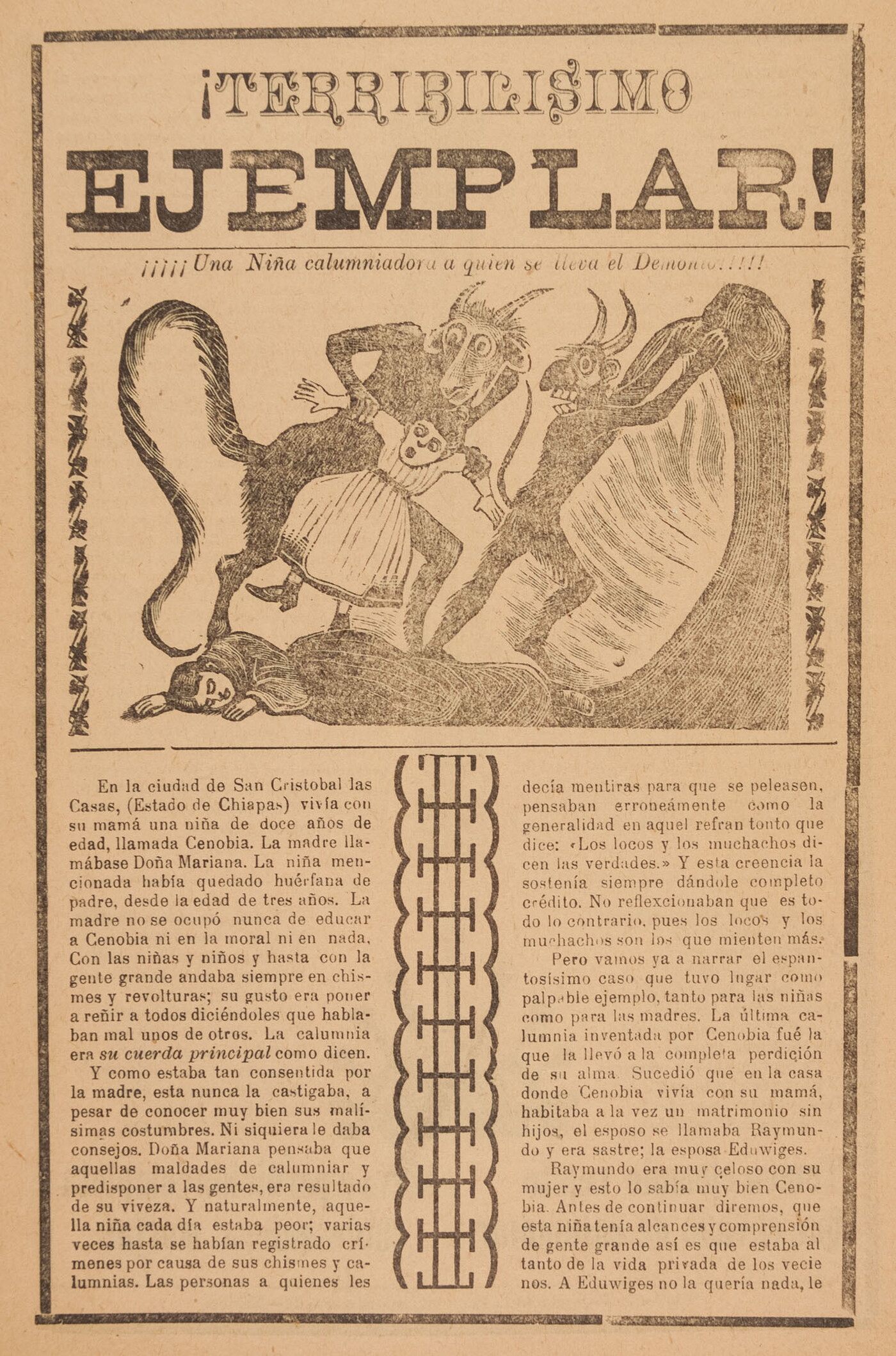 A yellowed black-and-white print of two horned devils with long tails dragging a young girl away from a person laying on the ground above Spanish text.