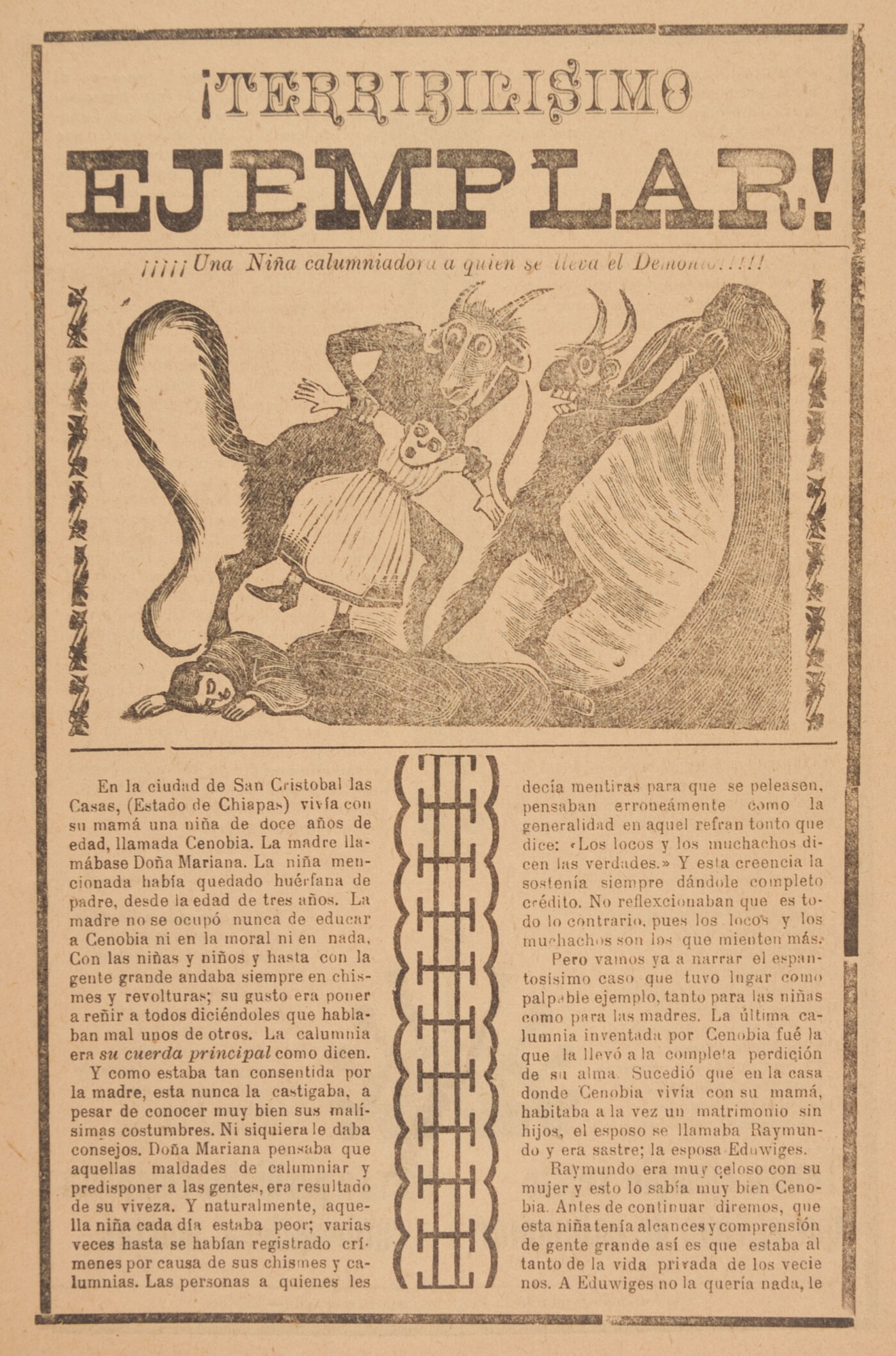 A yellowed black-and-white print of two horned devils with long tails dragging a young girl away from a person laying on the ground above Spanish text.